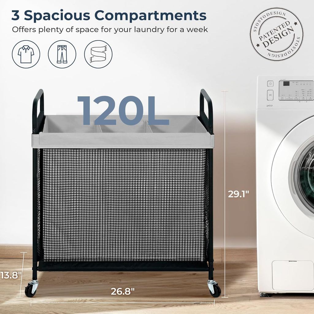 Laundry Hamper 3 Section, 120L Rolling Laundry Sorter Cart with Removable and Washable Liner Bag, Clothes Hamper with