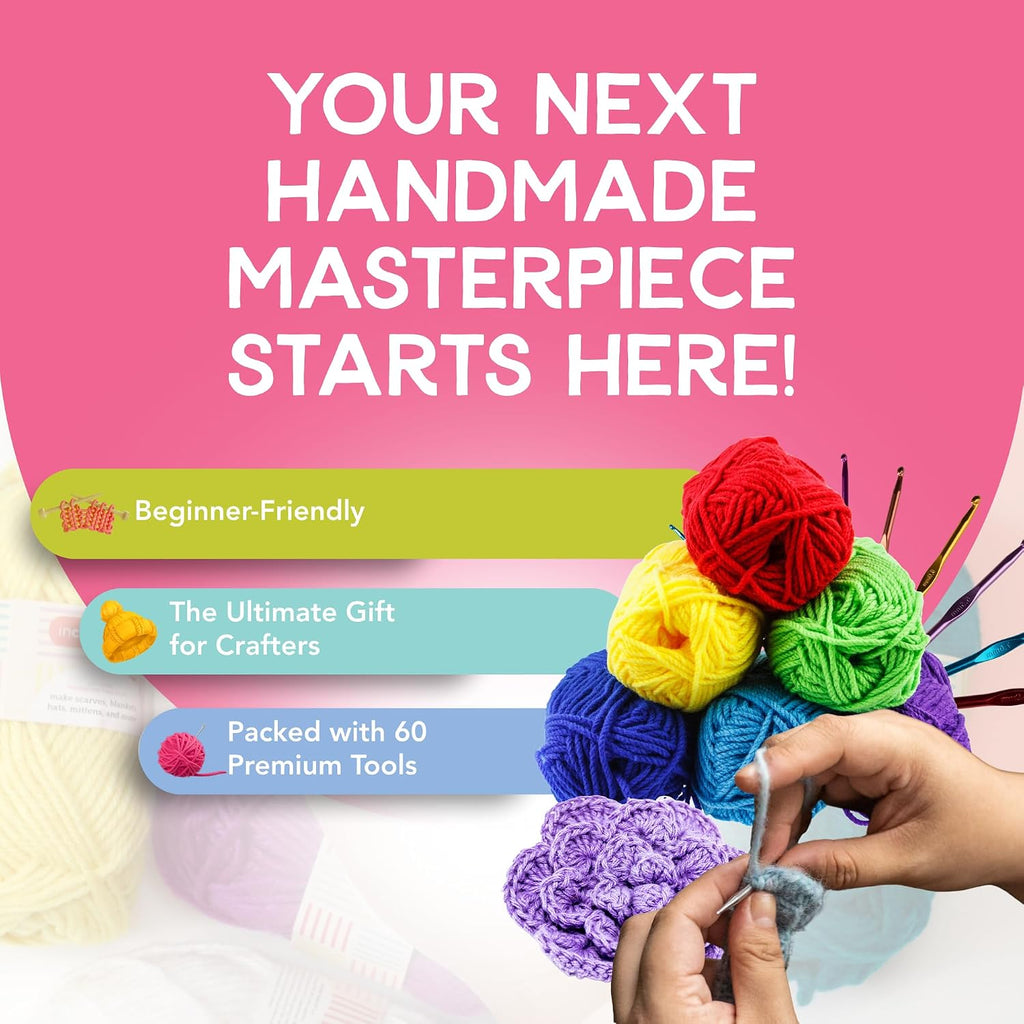 Crochet Kit for Beginners – 85 Piece Beginner Crochet Kit for Adults & Kids with Yarn, Hooks, Accessories & Bonus
