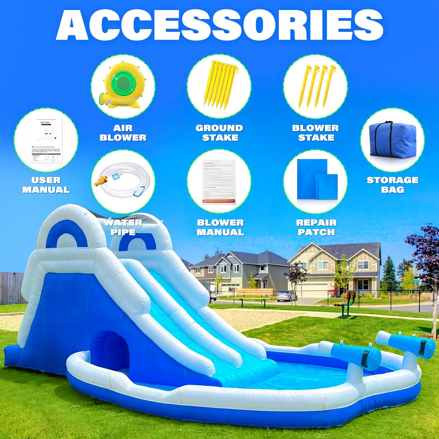 Inflatable Double Water Slide-17.7FT Large Climber Inflatable Water Park for Big Kids 5-10-Huge Splash Pool-Easy to