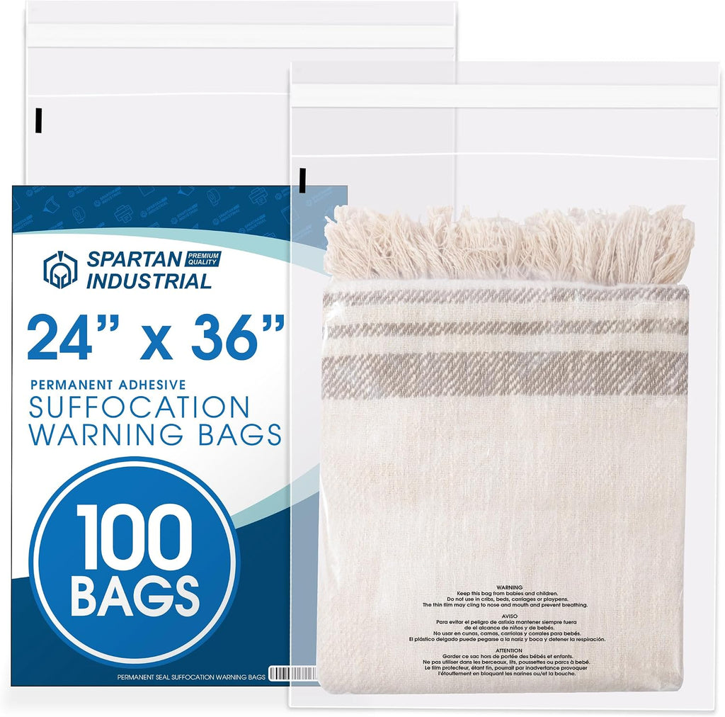 24” X 36” (100 Count) Self Seal Clear Poly Bags with Suffocation Warning