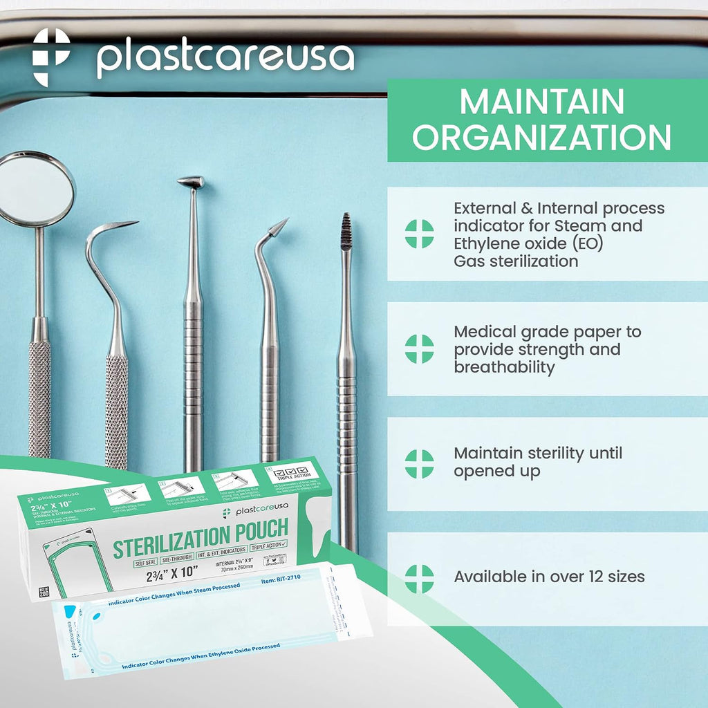 200 2.75 x 9 Self-Sterilization Pouches for Cleaning Tools, Autoclave Sterilizer Bags for Dental Offices, Pouch for