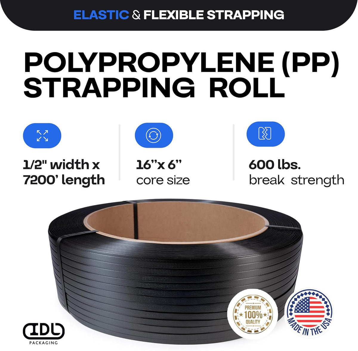 1/2" x 7200' Polypropylene (PP) Strapping Roll, USA-Made