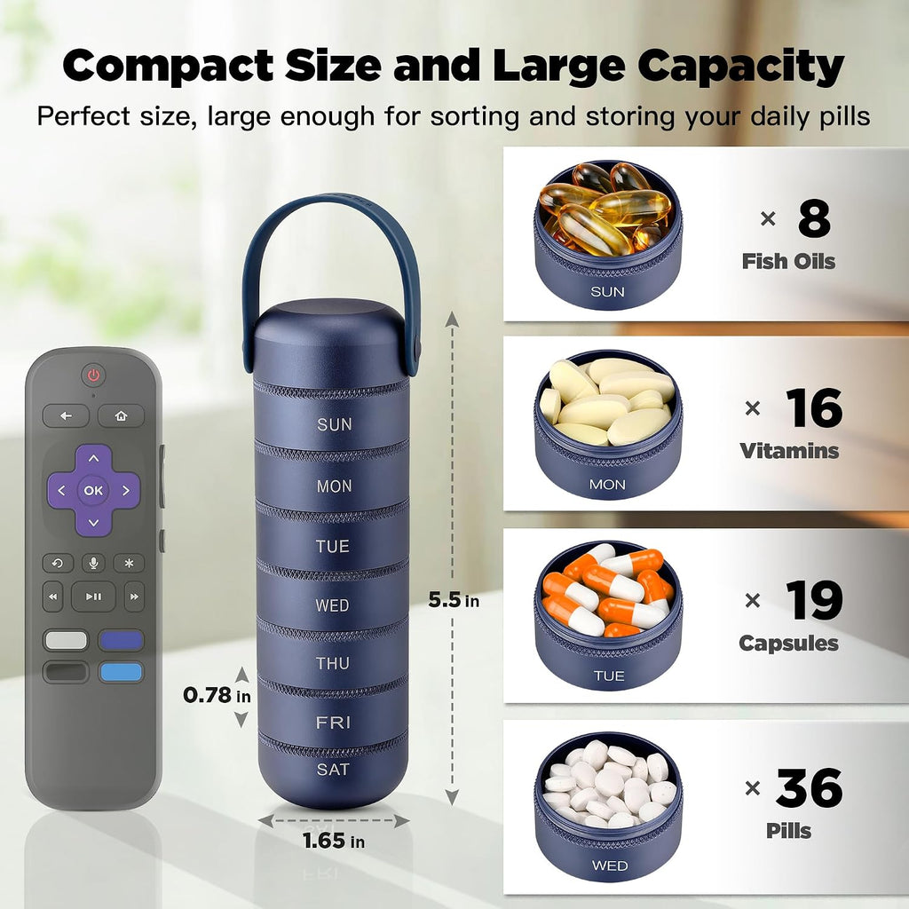 Metal Weekly Pill Organizer, Large Travel Pill Box 7 Day, Waterproof Daily Pill Case with Silicone Handle, Aluminum