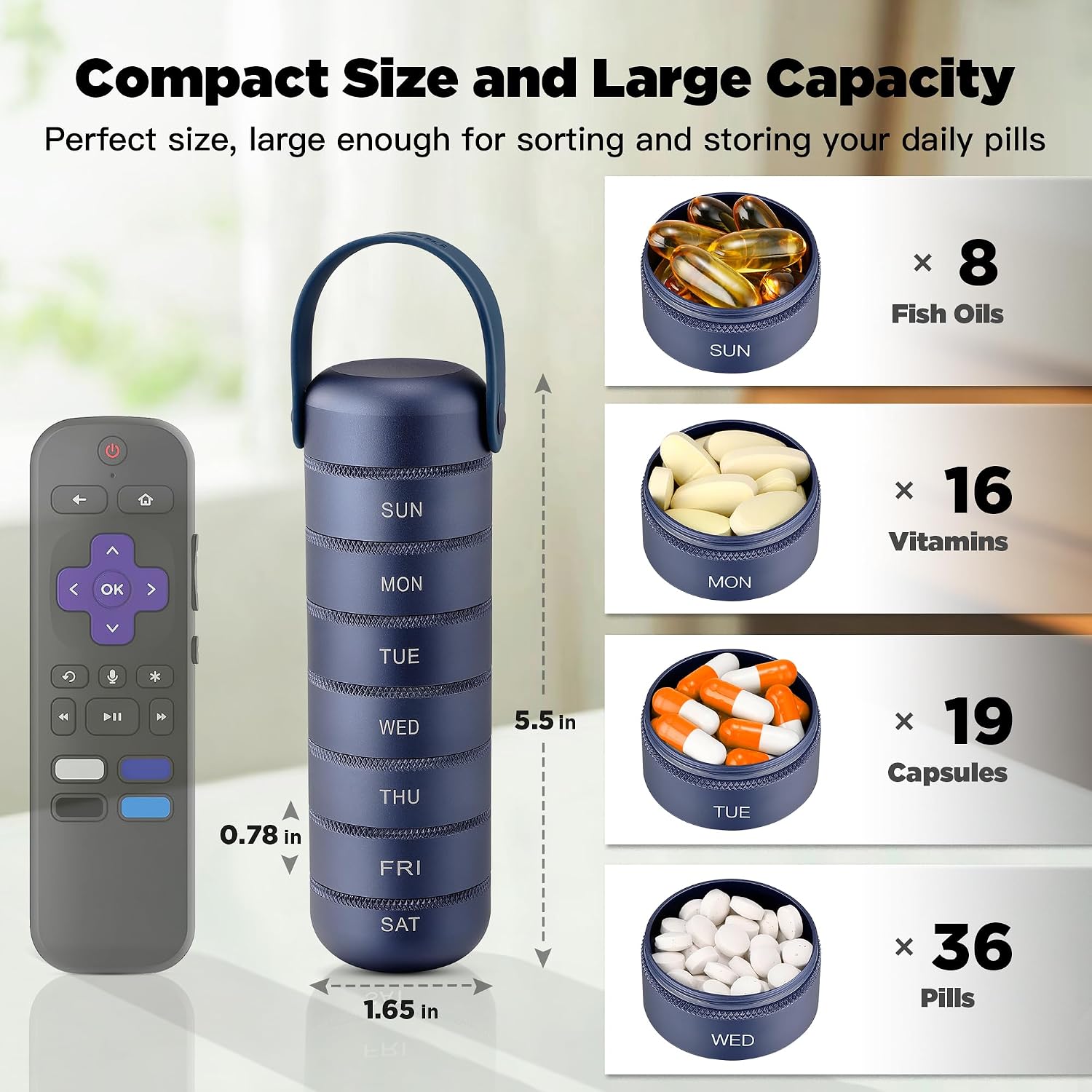 Metal Weekly Pill Organizer, Large Travel Pill Box 7 Day, Waterproof Daily Pill Case with Silicone Handle, Aluminum