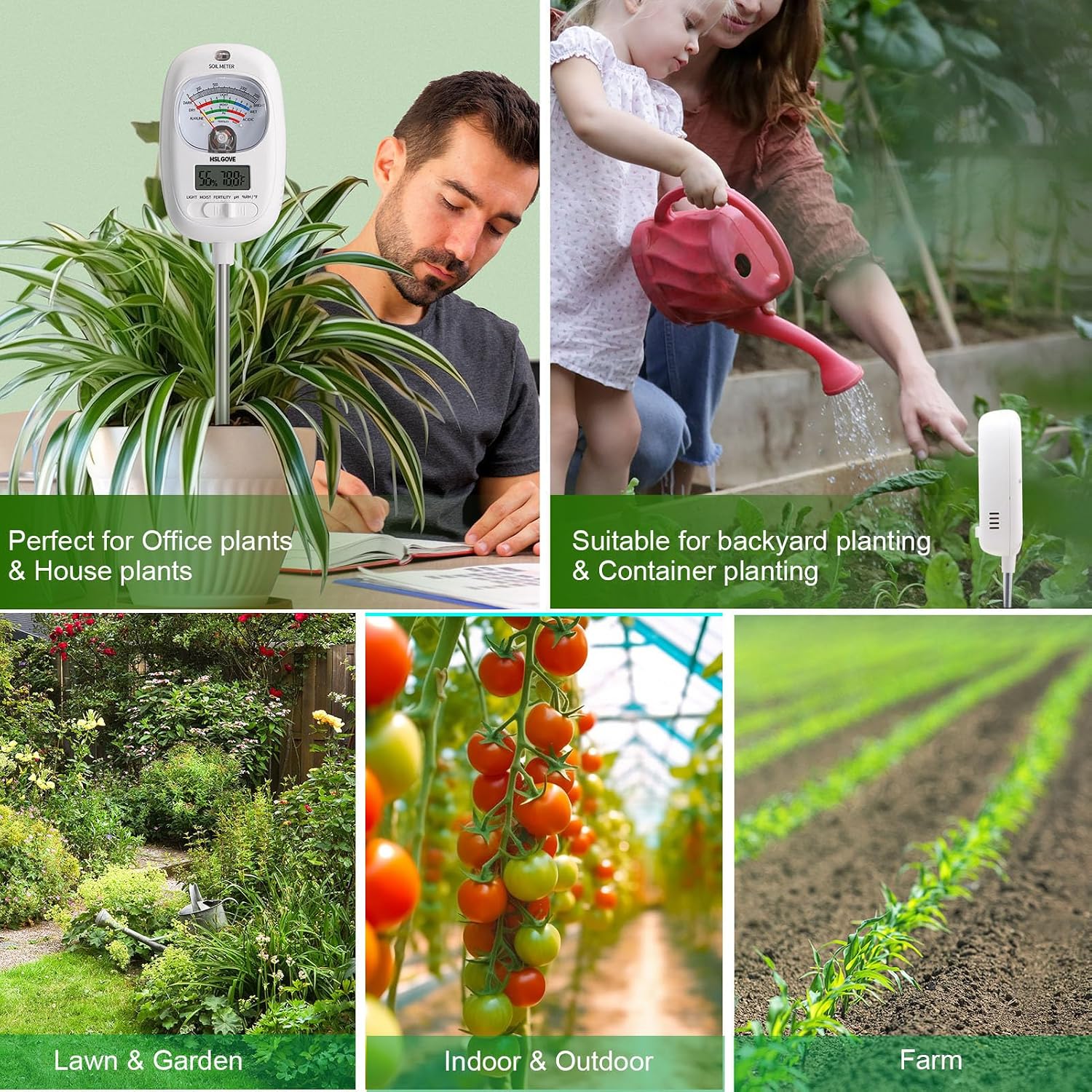 Soil Test Kit, 7-in-One Soil Moisture Meter/Soil PH Meter/Fertility, Dual Screen Soil Tester w/Digital Soil Temp/Air