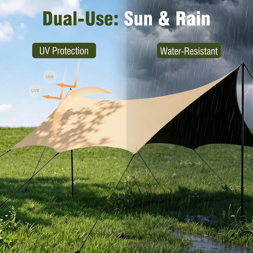 Waterproof Camping Tarp Hammock Rain Fly -14.7×14.7ft with 2 Poles, Mutifunctional Tent UV Protection & Waterproof &
