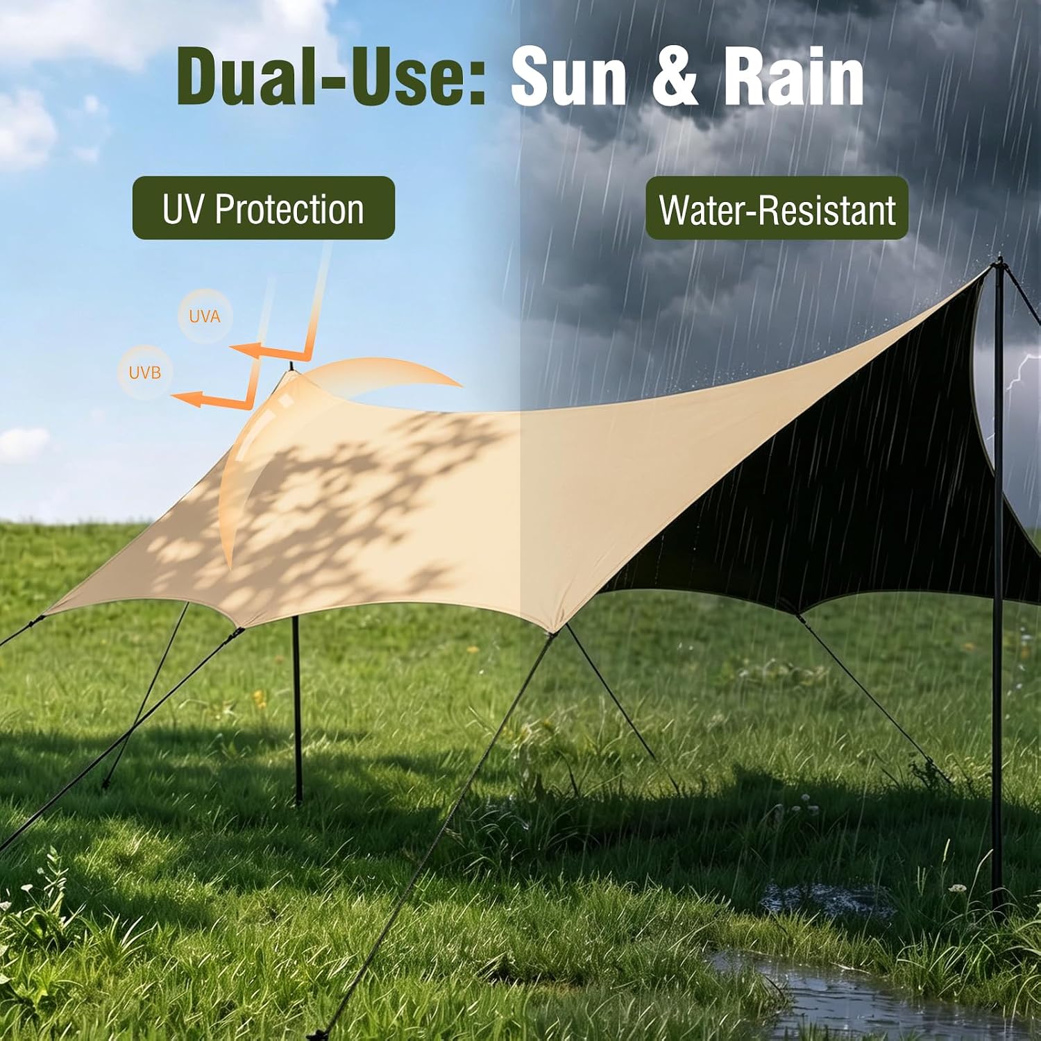 Waterproof Camping Tarp Hammock Rain Fly -14.7×14.7ft with 2 Poles, Mutifunctional Tent UV Protection & Waterproof &
