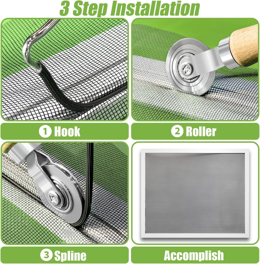 Screen Repair Kit,Roller+0.14”x32ft Spline+Hook