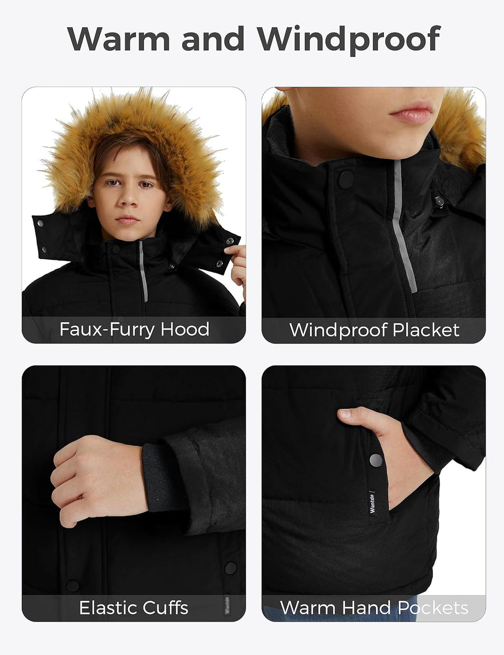 Boys' Winter Coat Warm Puffer Jacket Waterproof with Faux Fur Hood | Windproof,5000mm Waterproof,Snap Button
