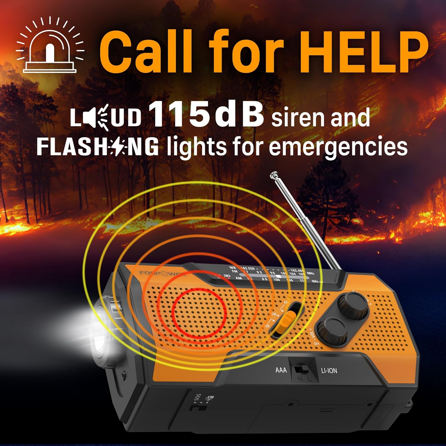 NOAA Emergency Weather Radio A1 7400mWh Solar Hand Crank (Orange) | AM/FM/WB power bank 4 power options SOS alarm LED