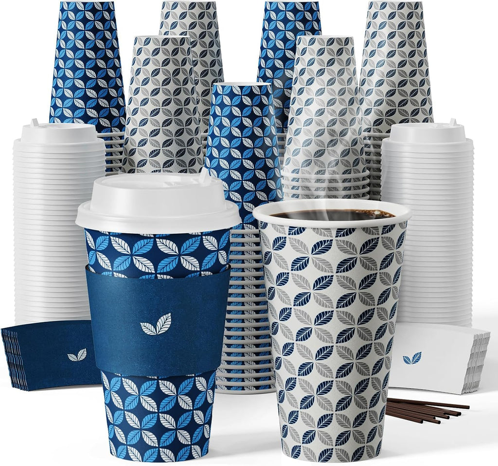 16 oz Paper Coffee Cups with Lids 100 Pack Disposable Hot Cups