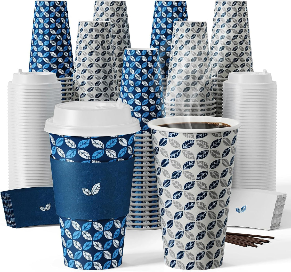 16 oz Paper Coffee Cups with Lids 100 Pack Disposable Hot Cups