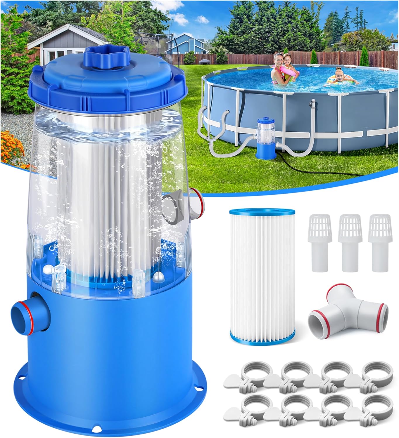 Transparent 1000 GPH Above Ground Pool Filter Pump – Easy Cartridge Status Viewing | Powerful Pool Cartridge Filter