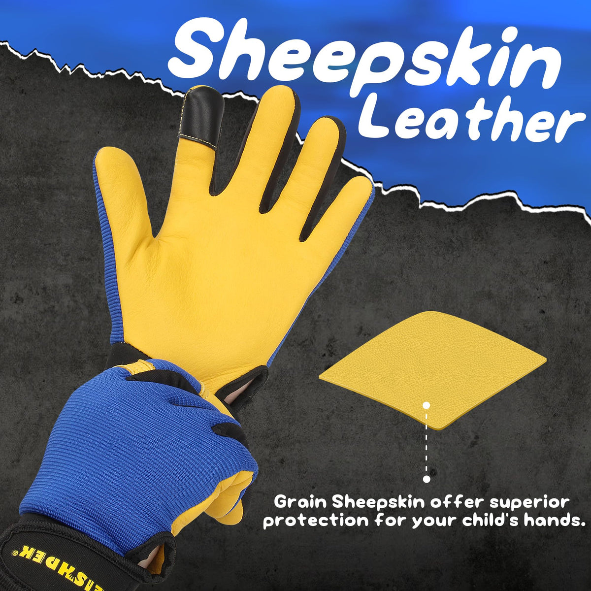Kids Leather Work Gloves, Touchscreen Safety Glove Age 3-6, Blue, S