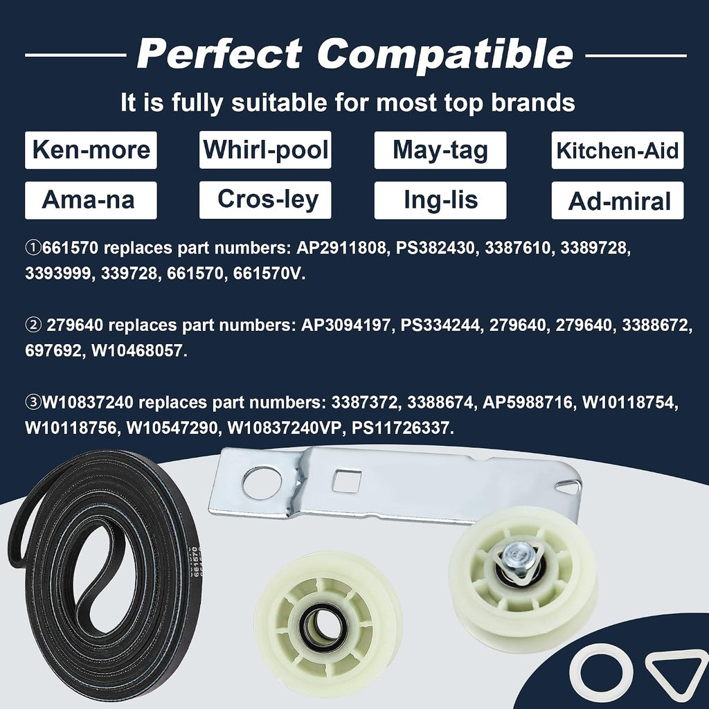 [Newest] Dryer Repair Kit W10837240 Dryer Idler Pulley For Whirlpool Duet Maytag Bravos Kenmore Elite Dryers With 661570V Dryer Drum Belt 279640 Idler Pulley By Romalon