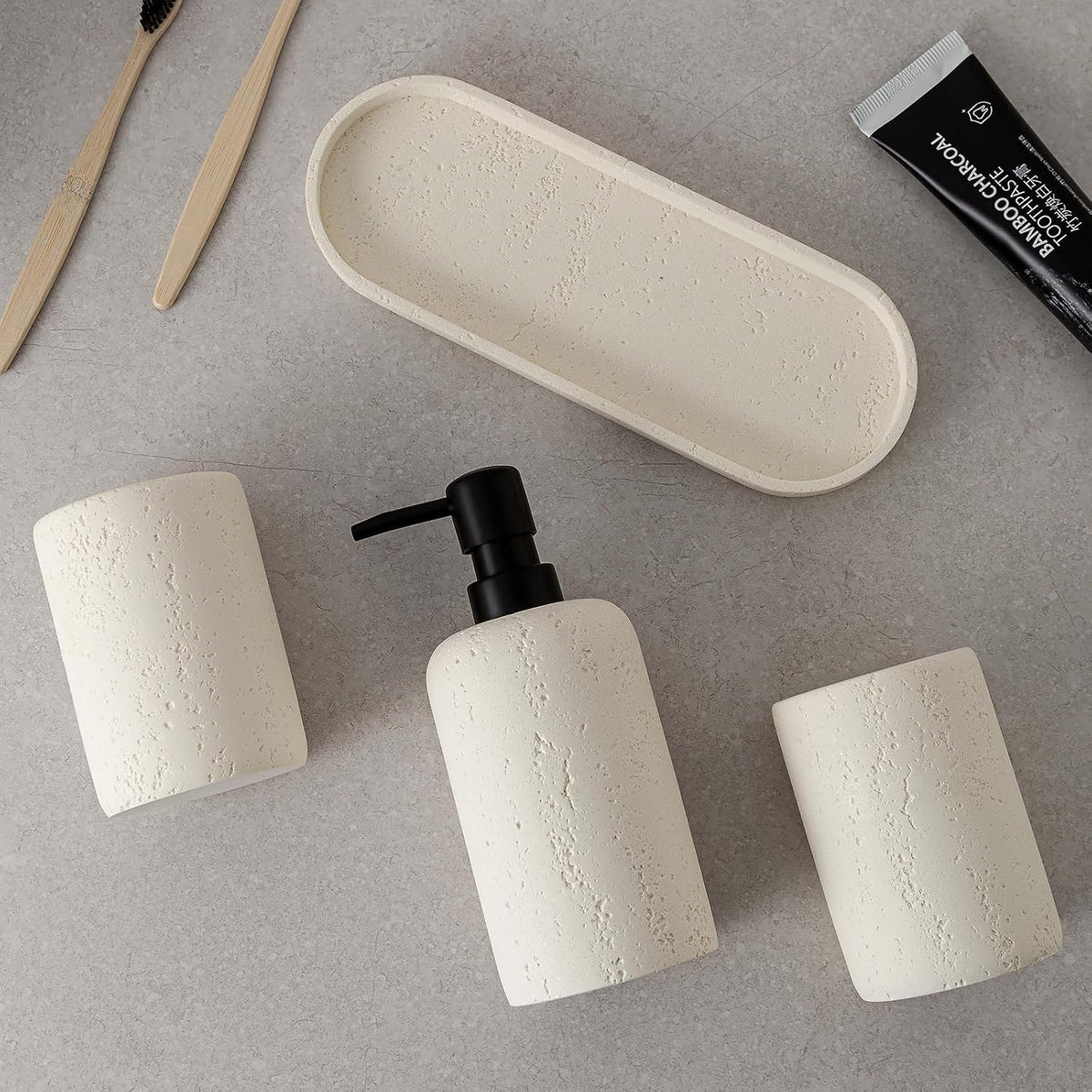 Bathroom Accessories Set,4 PCS Travertine Stone Look Collection,Cream | Modern Bath Organizer with 13.53 OZ Soap