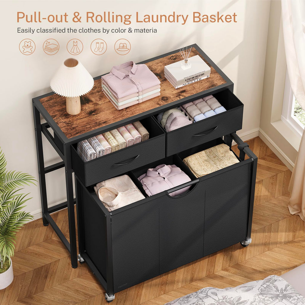 Laundry Sorter 3 Section with Tabletop & 2 Drawers, Rolling Laundry Hamper with Pull-Out and Removable Bags, Laundry