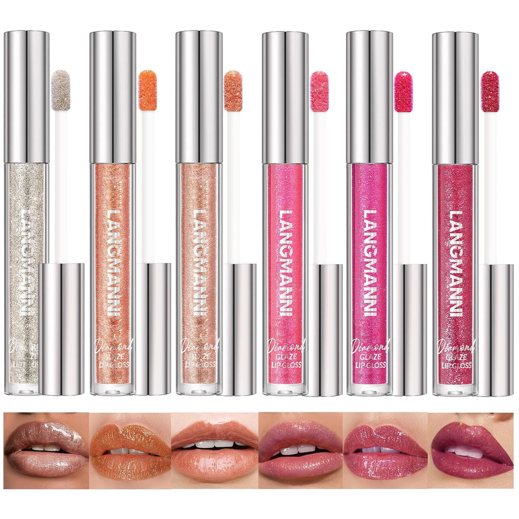 6 Colors Diamond Glitter Lip Gloss Set,Long Lasting High Shine Shimmer Liquid Lipstick Set,Hydrating,Moisturizing Lip