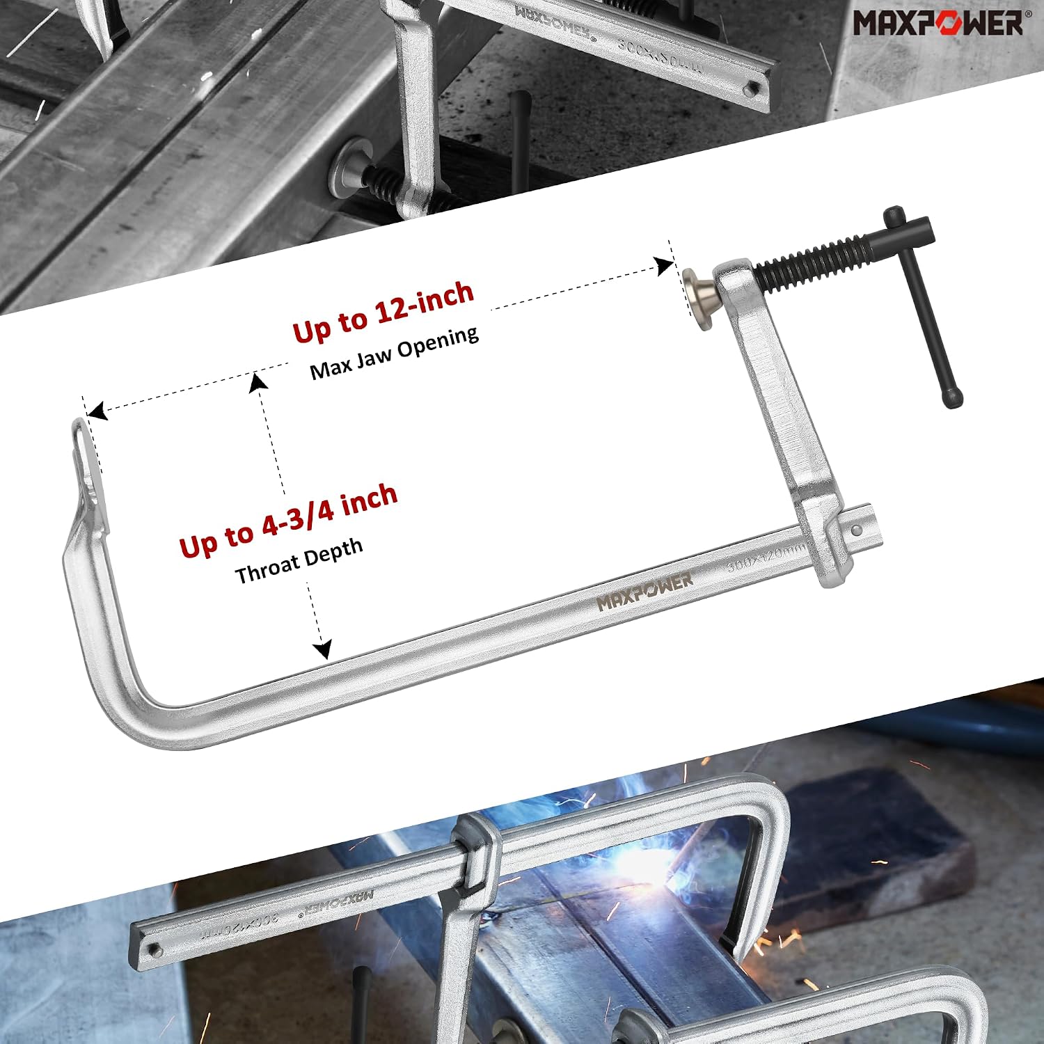4-pieces Heavy Duty F Clamp 12-inch, 4-3/4" Throat | Drop-forged Full Steel Bar Clamps for Metalworking & Welding