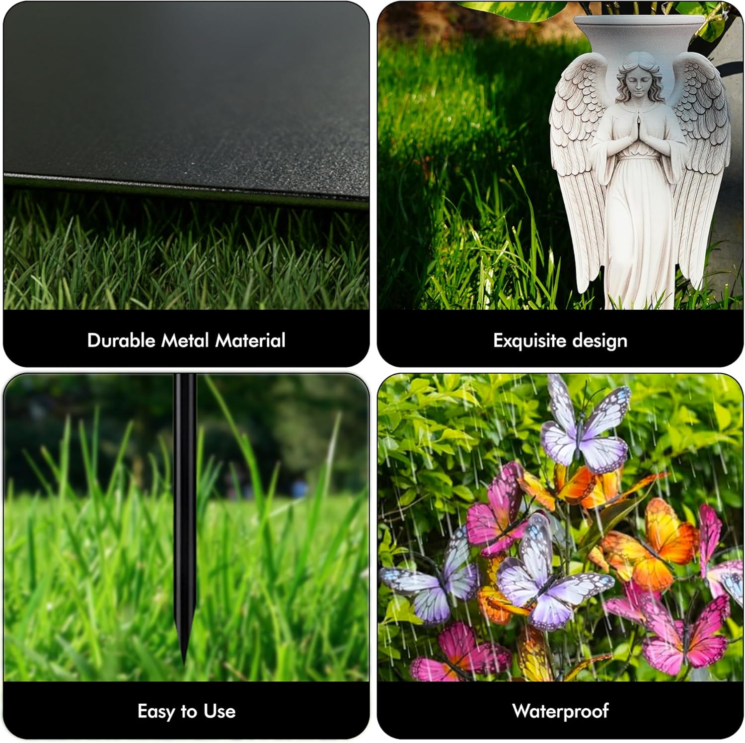 Solar Angel Grave Decorations - Metal Silhouette Memorial Stake with Butterfly Lights, Flat Garden Decor for