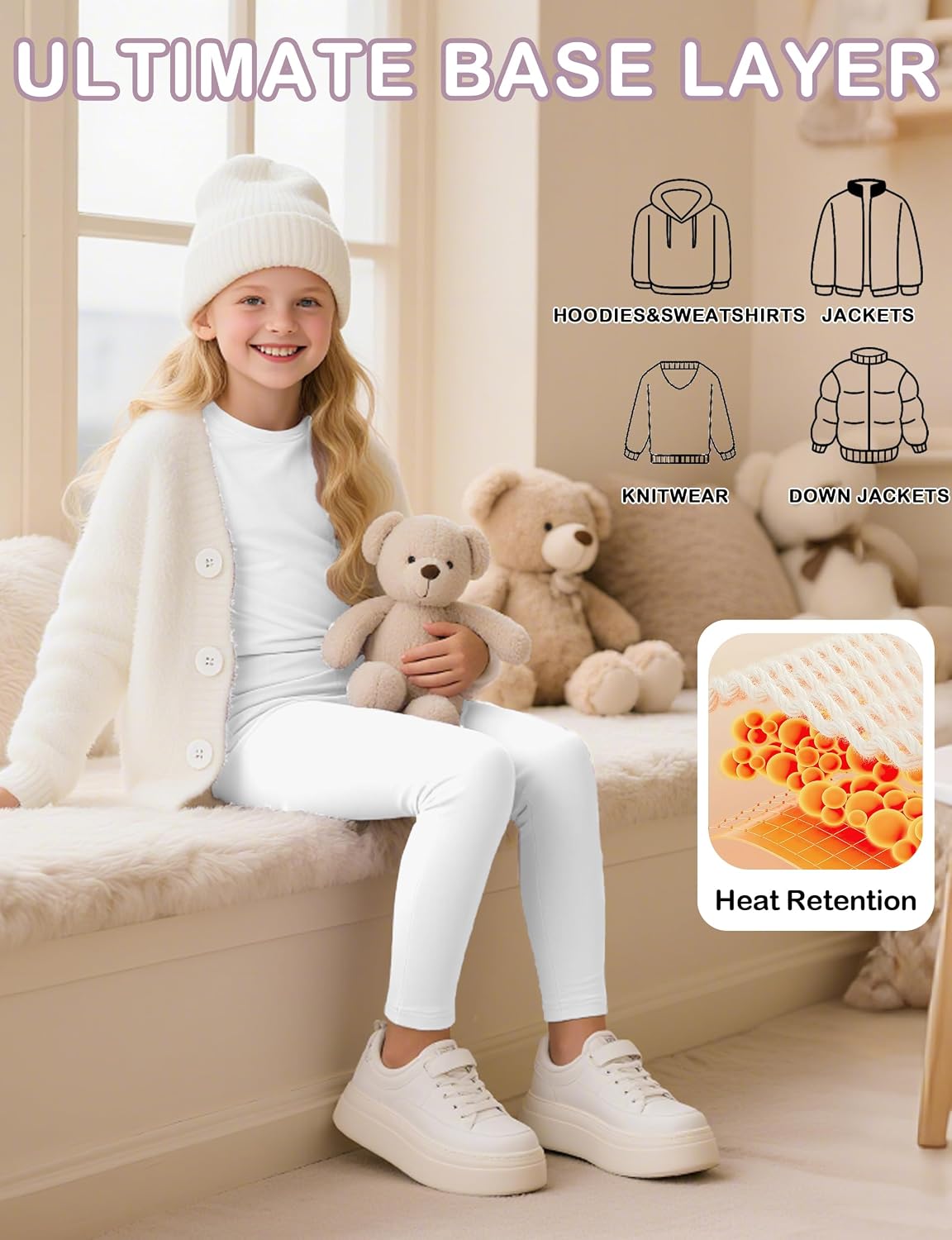 2 Set Girls Thermal Underwear Sets Kids Double-Sided Fleece Lined Long Johns Base Layer Top and Bottom for Cold Weather