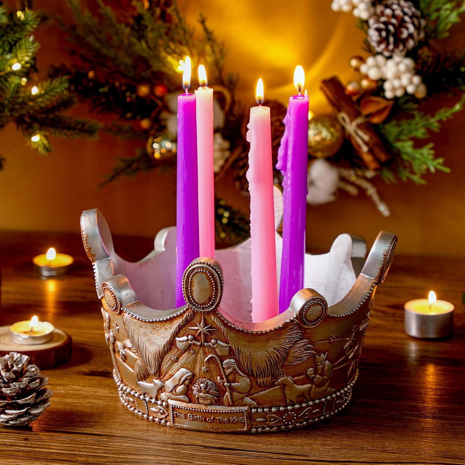 Nativity Advent Candle Holder 9.4 Inch Christmas Advent Wreath Candleholder Resin Nativity Advent 5 Candle Holder
