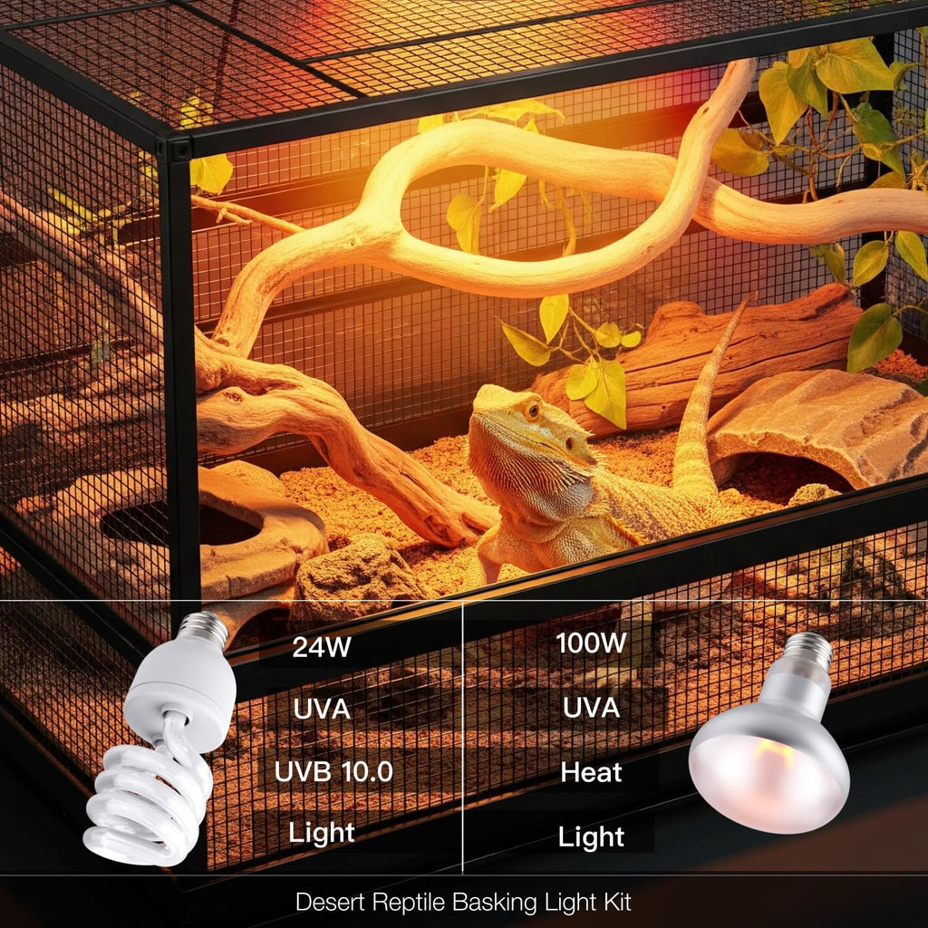 Reptile 100W Basking Spot Bulb & 10.0 24W UVA UVB Bulb Combo – Dual Pack Heat Lamp Bulbs for Reptiles & Amphibians