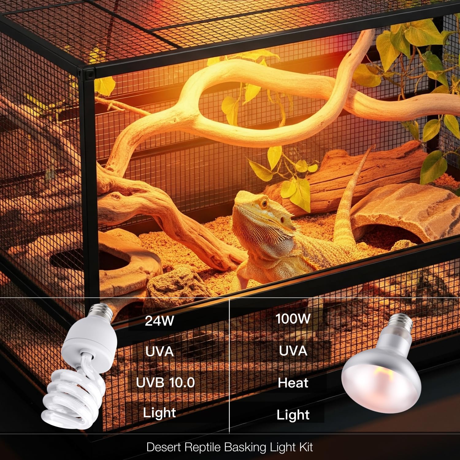 Reptile 100W Basking Spot Bulb & 10.0 24W UVA UVB Bulb Combo – Dual Pack Heat Lamp Bulbs for Reptiles & Amphibians