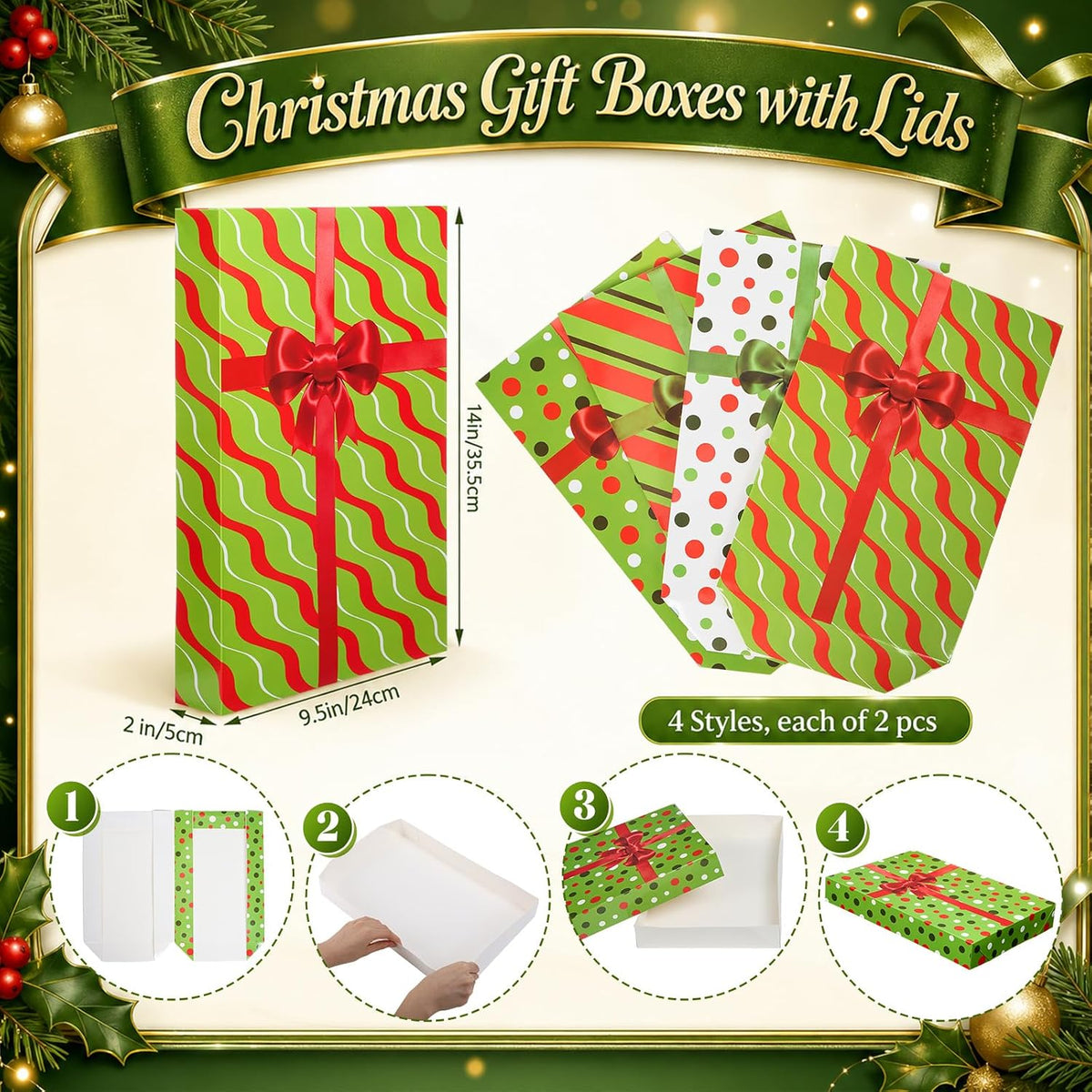 8 Pcs Christmas Gift Boxes with Lids 14 x 9.5 x 2 Inch, Dot