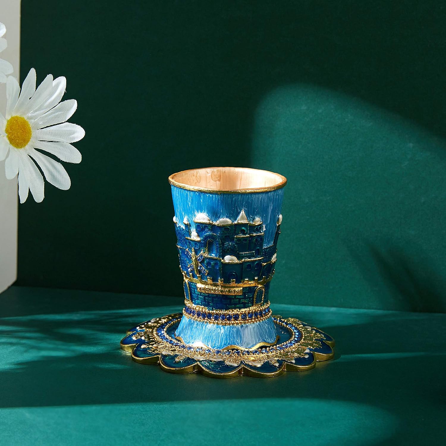 Hand-Painted Enamel 3.3'' Tall Kiddush Cup Set with Tray