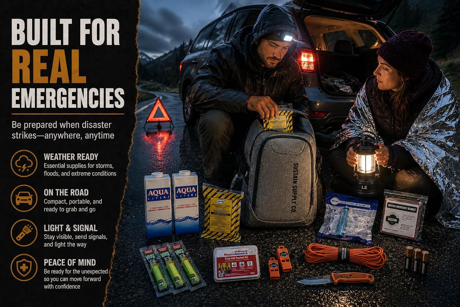 Sustain Supply 70490, 2-Person Premium 72-Hour Emergency Survival Kit – Complete Disaster Preparedness Bag w/Food