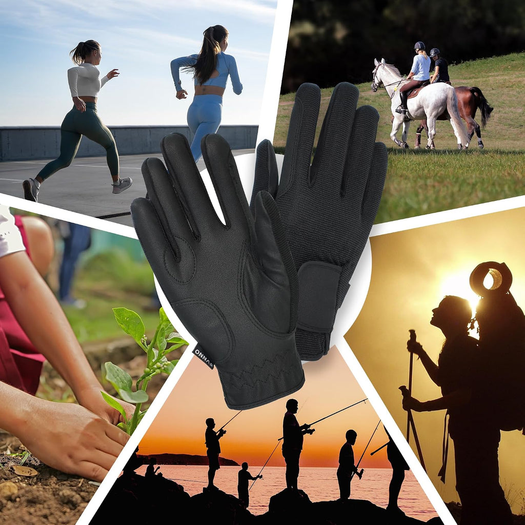 Equestrian Riding Gloves, Touch Screen, Double-Layer PU Fingers, Hook & Loop Wrist - Ideal for Horse Riding, Boating