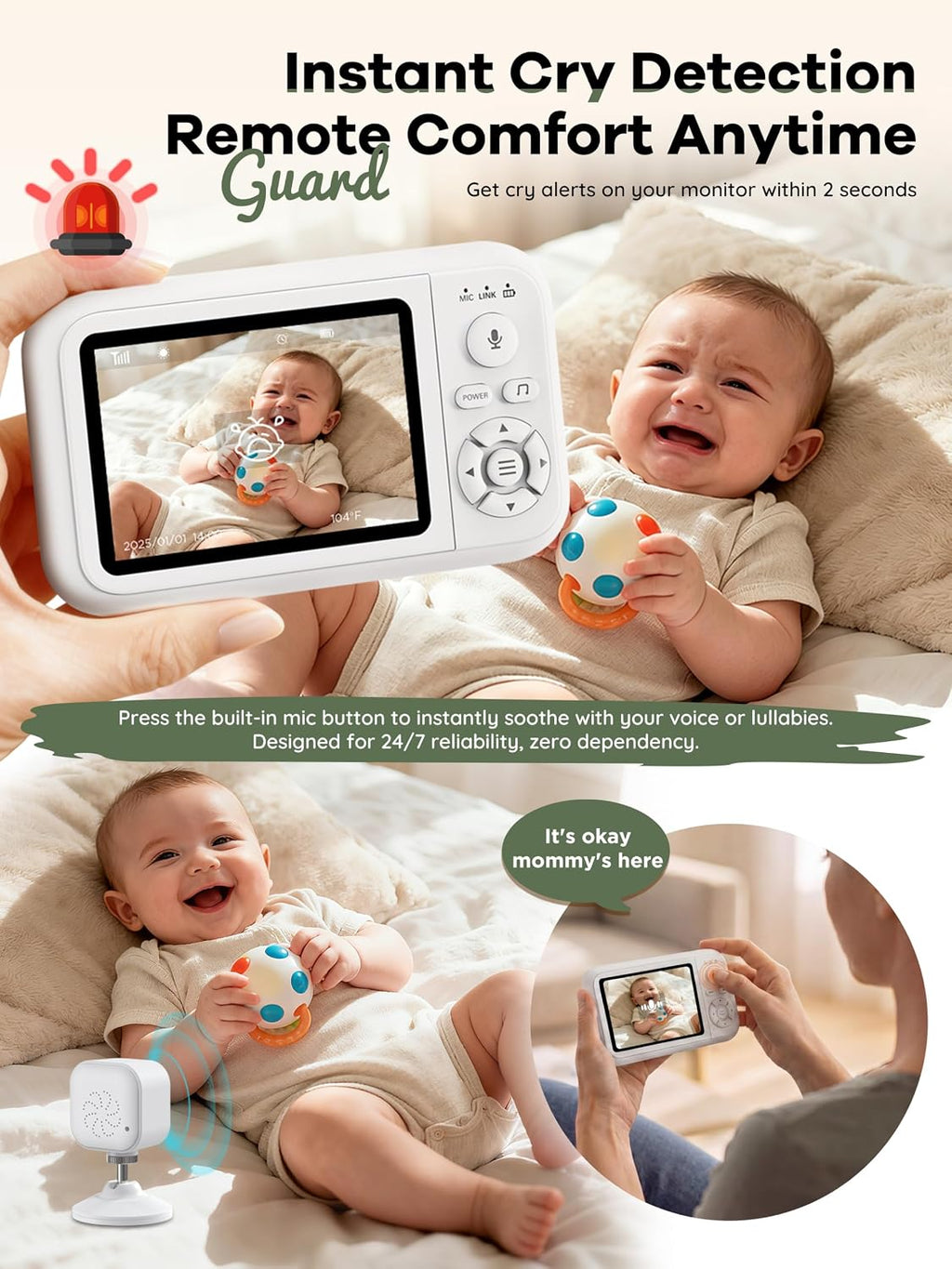 Baby Monitor with Camera and Audio, No WiFi, with Clip for Crib & Stand | Portable 3.5" HD IPS Video Screen, 2.4G