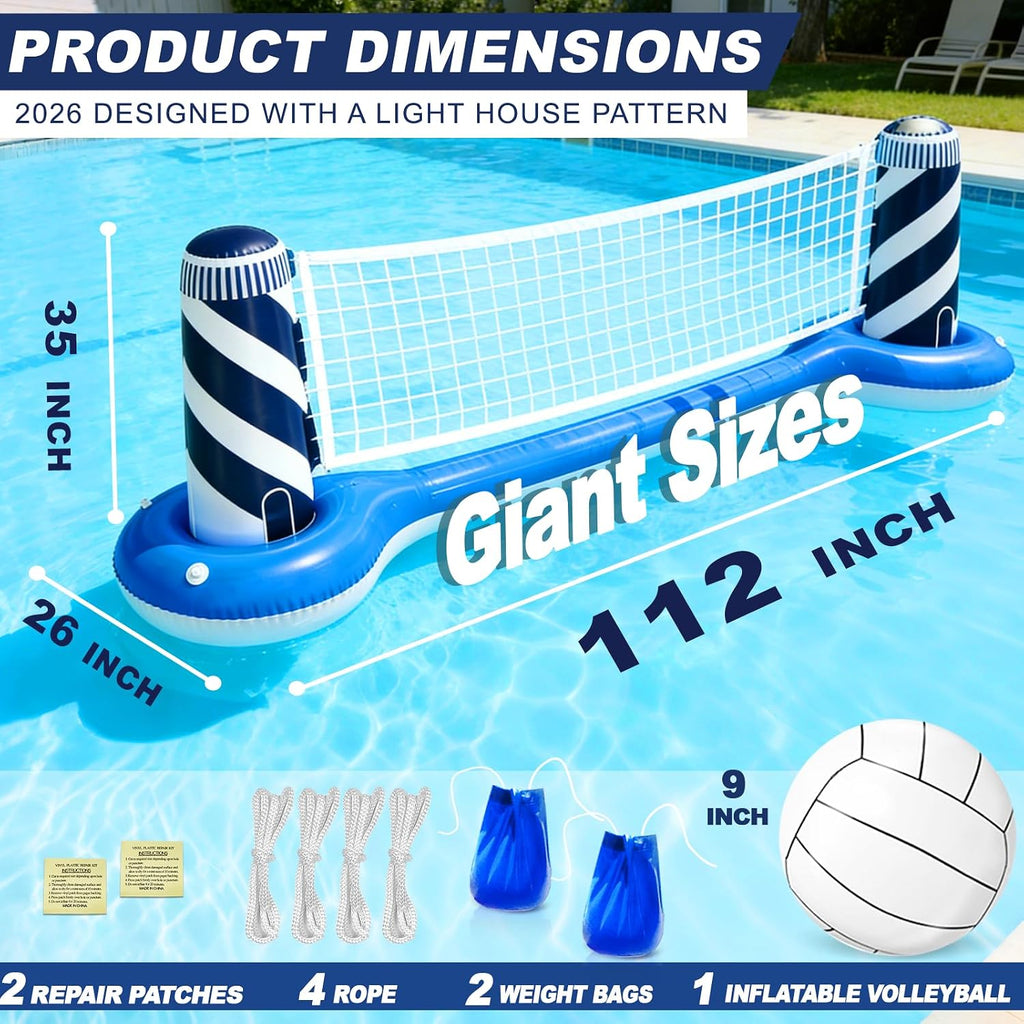 Large Inflatable Pool Games Volleyball Net Pool Float Set | 19" Beach Ball, Lighthouse Design, Floating Swimming