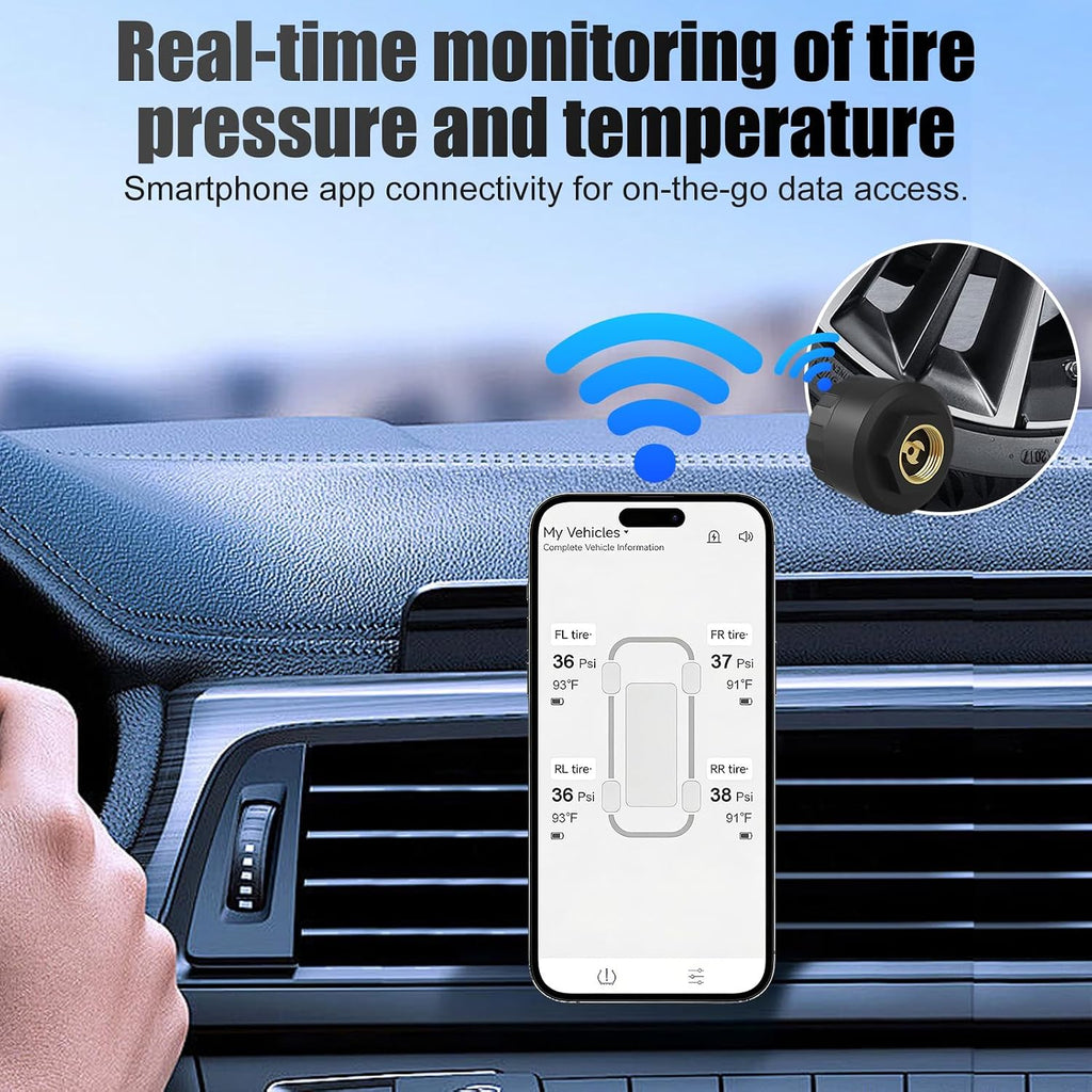 Wireless Bluetooth TPMS with 4 External Sensors for RV Trailer | Tire Pressure Monitoring System with 6 Alert Modes