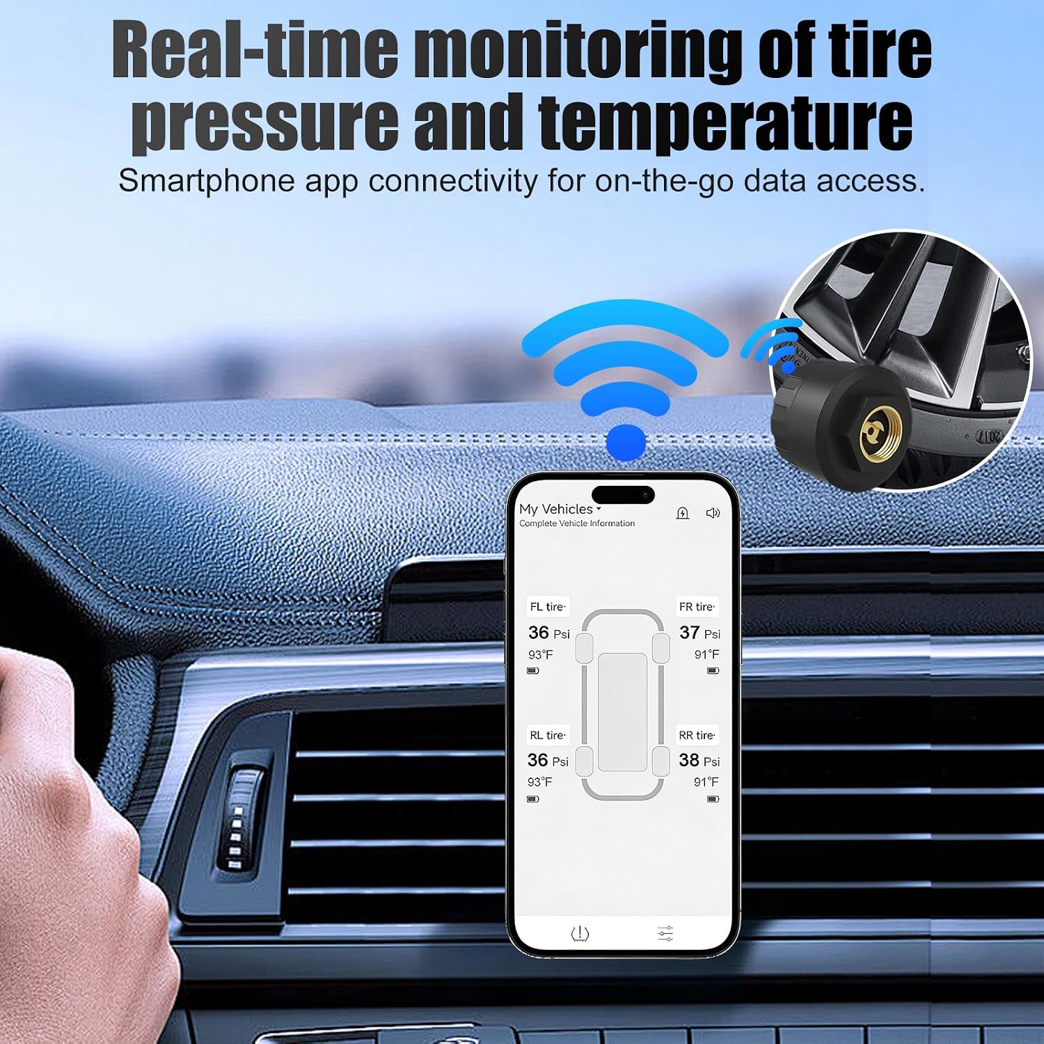 Wireless Bluetooth TPMS with 4 External Sensors for RV Trailer | Tire Pressure Monitoring System with 6 Alert Modes