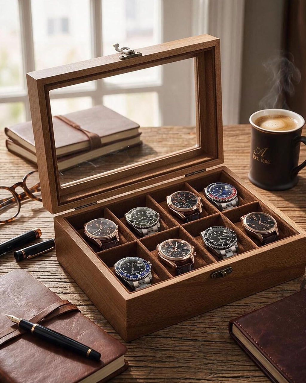 8 Slot Wooden Watch Display Case With Glass Lid, Organizer | Elegant Wooden Watch Box With Glass Lid And Soft Lining