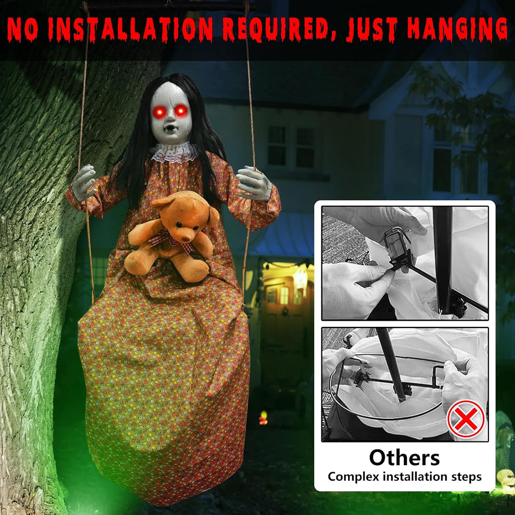 Scary Halloween Decorations Outdoor Hanging Swinging Doll Girl | Sound & Slap Activated, Light Up Eyes Creepy Sound
