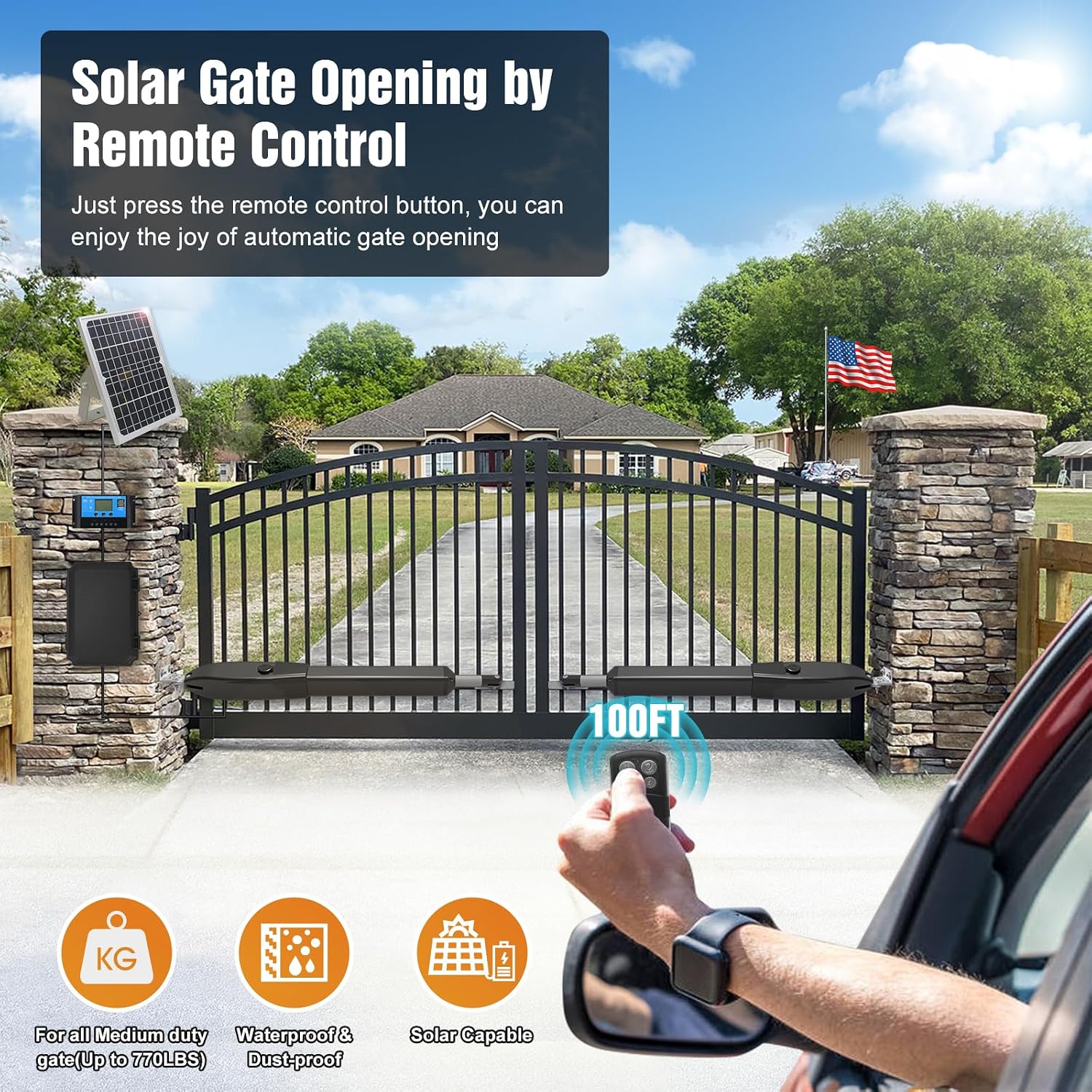 C026 Solar Gate Opener with Batteries & Solar Panel for Dual Swing Gates Up to 1540lb Automatic Gate Opener with