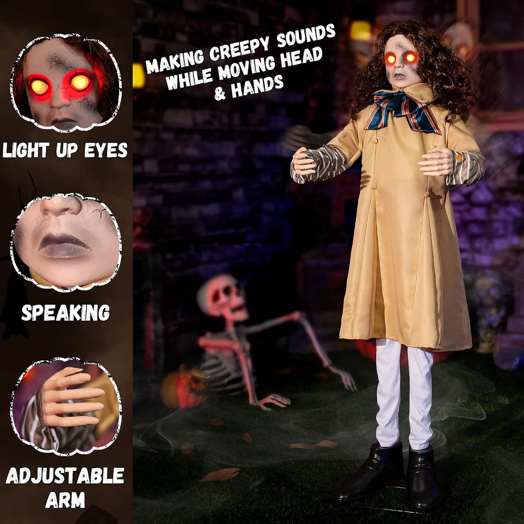 Halloween Animatronics Decorations 48inch Animated Creepy Doll with Sound Activated, Spooky Sound, Lighted LED Eyes