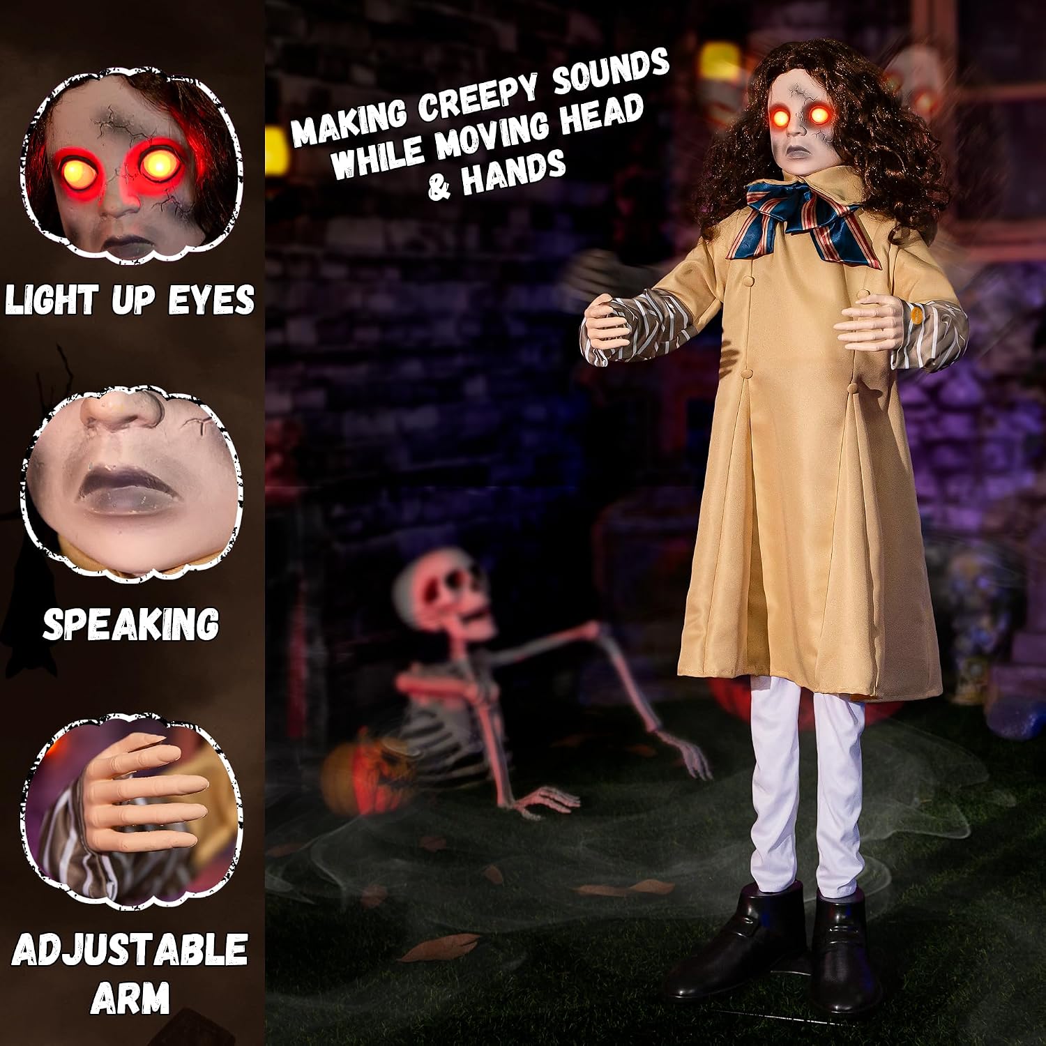 Halloween Animatronics Decorations 48inch Animated Creepy Doll with Sound Activated, Spooky Sound, Lighted LED Eyes