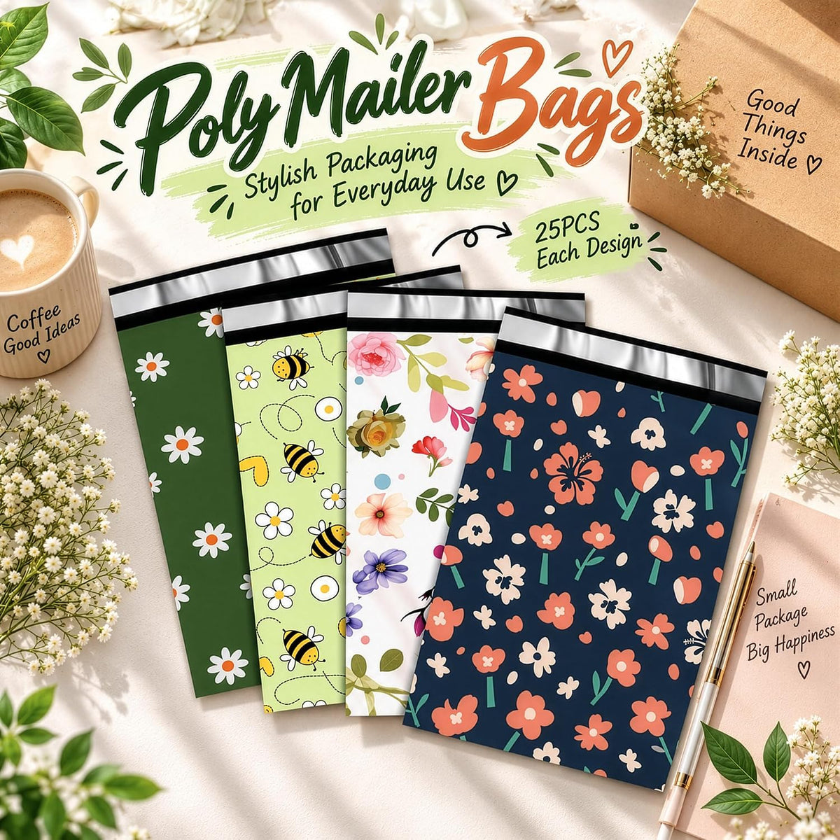 Poly Mailers 10x13 Inch, 100 Count, Assorted Prints, Self Seal
