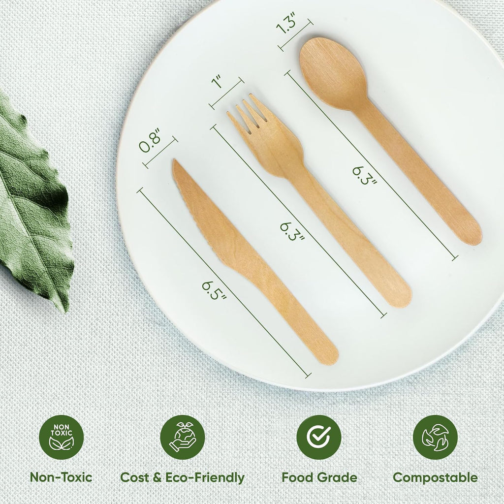 100% Compostable Wooden Cutlery Set, Disposable Utensils, 360 PCS