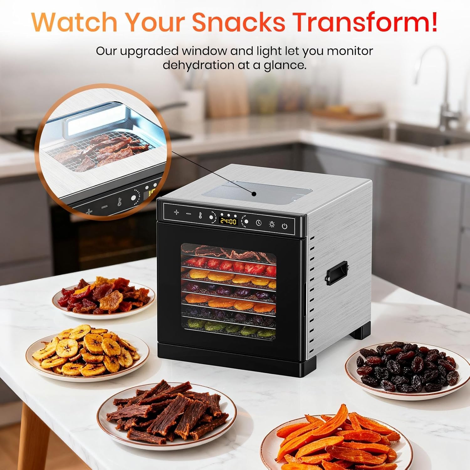 8-Tray Food Dehydrator, 400W, Stainless Steel, 195°F & 24H Time Control