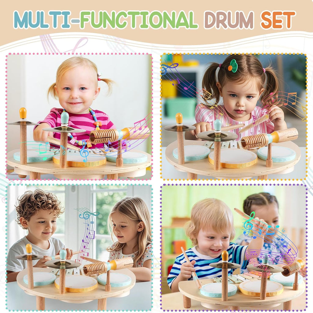Kids Drum Set, Montessori Toys Wooden Musical Instruments for Baby Toddlers | Drum Kit with Cymbals & Xylophone