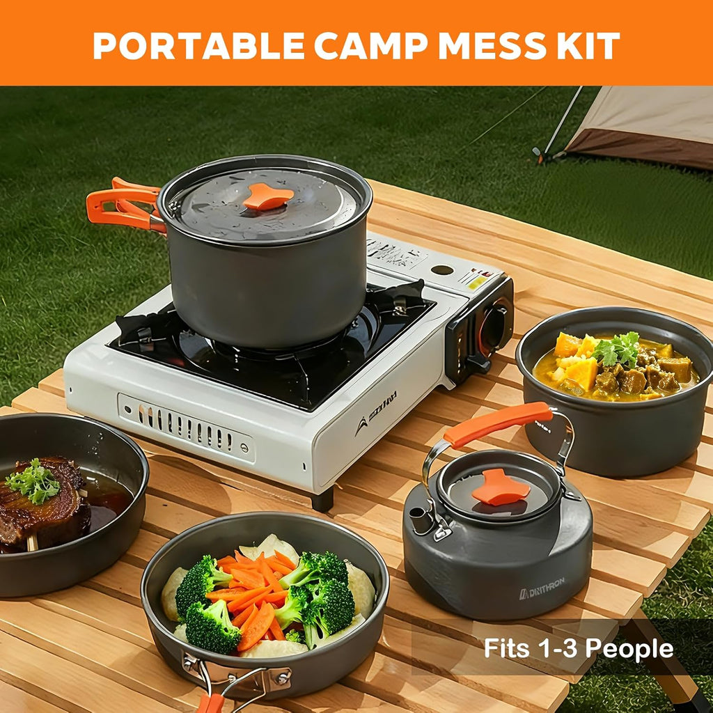 10-Piece Camping Cookware Set with 2L Pot, 1.1L Kettle and Pan | Lightweight backpacking mess kit, durable
