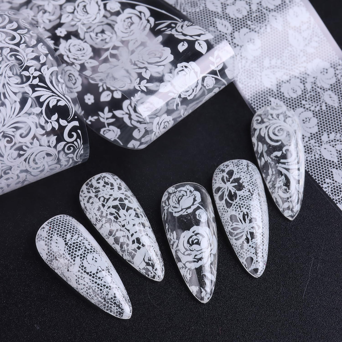 10 Rolls Lace Nail Foil White and Black Nail Transfer Foil Stickers