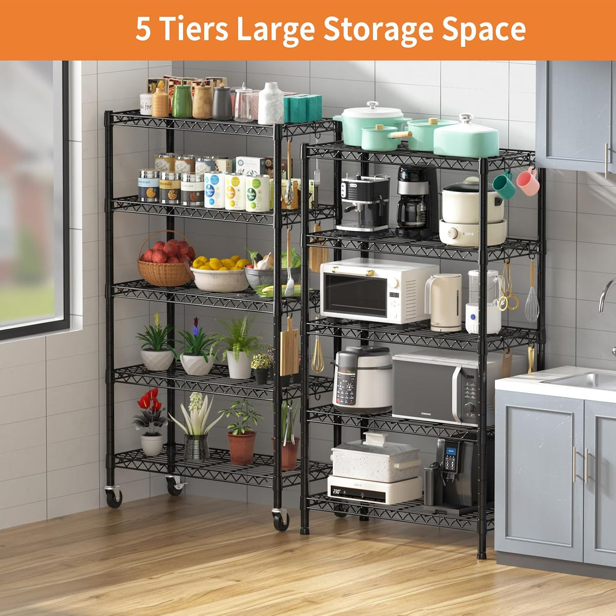 Wire Shelving, 1900lbs Capacity 5 Tier Heavy Duty NSF Wire Shelf with Rolling Wheels Black Metal Storage Shelves