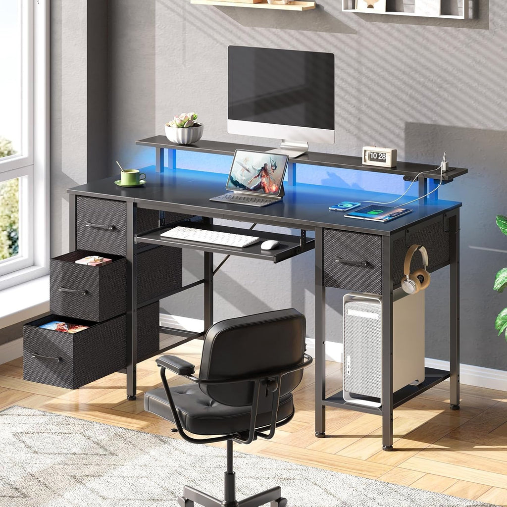 Computer Desk 47.2" with LED Lights & Power Outlets, Home Office Desk with 4 Drawers, Writing Desk with Keyboard
