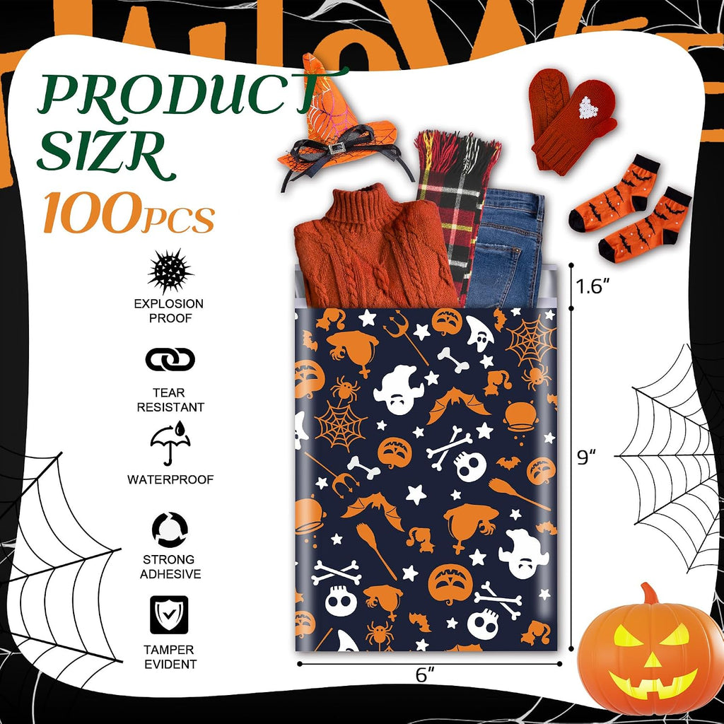 Halloween Poly Mailers 6x9 Inch, 100 Count, Ghost Pumpkin Shipping Bags